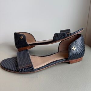 Like New! Size 7.5 Tory Burch Blue embossed leather sandals